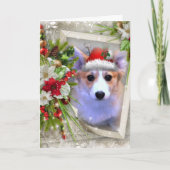 Schattige Kerst Corgi Puppy met wit Lijst Feestdagen Kaart (Voorkant)