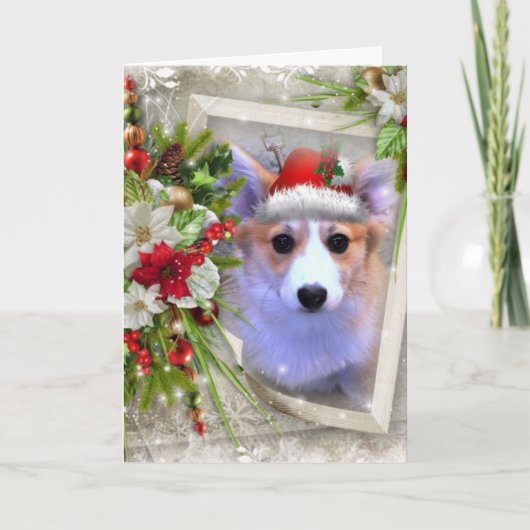 Schattige Kerst Corgi Puppy met wit Lijst Feestdagen Kaart (Voorkant)