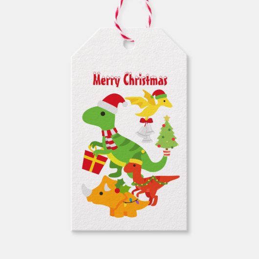 Schattige Kerst Dinosaurus Kinder Wit Cadeaulabel (Voorkant)