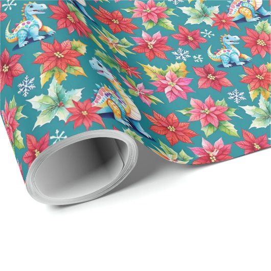 Schattige kerst dinosaurussen en poinsettia's cadeaupapier