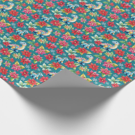 Schattige kerst dinosaurussen en poinsettia's cadeaupapier (Hoek)