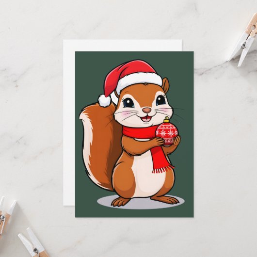 Schattige Kerst Eekhoorn Kaart (Voorkant / Achterkant in situ)