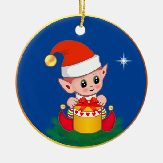 Schattige Kerst elf & ster op blauw Keramisch Ornament (Voorkant)