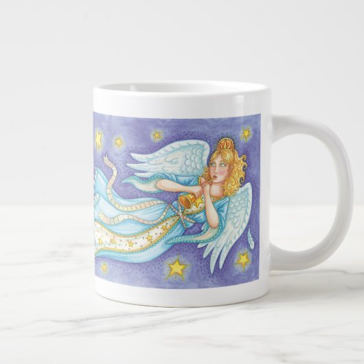 Schattige kerst, engel-muzikant die op haar hoorn  grote koffiekop (Rechts)