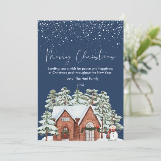 Schattige Kerst Gezellig Huis en Sneeuwflat Feestdagenkaart (Staand voorkant)