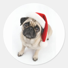 Schattige Kerst Hertenbruine Pug Kerstman Hoed Pup Ronde Sticker