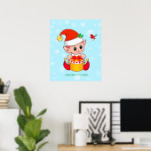 Schattige Kerst kleine elf & rode vogel Poster (Thuiskantoor)