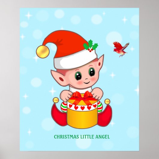 Schattige Kerst kleine elf & rode vogel Poster (Voorkant)