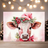 Schattige Kerst Koe in Santa Hat Feestdagen Kaart