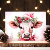 Schattige Kerst Koe in Santa Hat Feestdagen Kaart