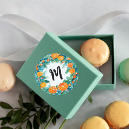Schattige Kerst Oranje Krans Monogram Waterverf Ronde Sticker