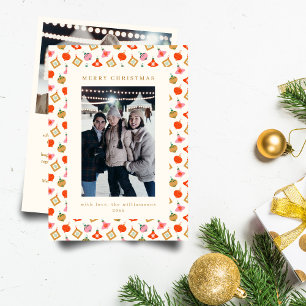 Schattige Kerst Ornamente Kleurrijke Familie Foto Feestdagenkaart