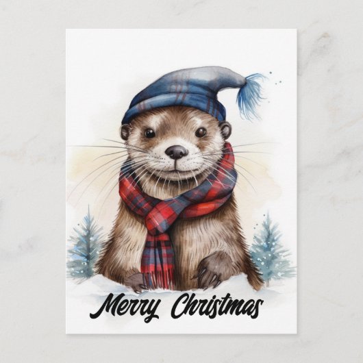 Schattige kerst otterblauw Pet rode sjaal Briefkaart (Voorkant)