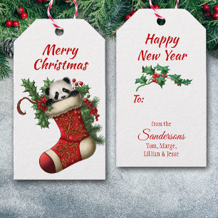 Schattige Kerst Panda Beer Peeking Cadeaulabel