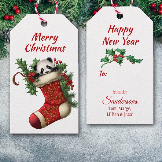 Schattige Kerst Panda Beer Peeking Cadeaulabel