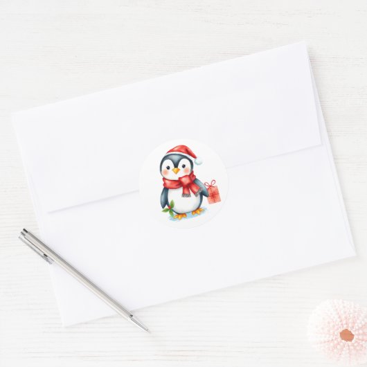 Schattige Kerst Pengoen Ronde Sticker (Envelop)