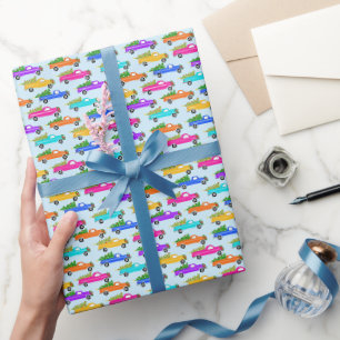 Schattige Kerst Pick-up Trucks Bomen Retro Kerstca Cadeaupapier