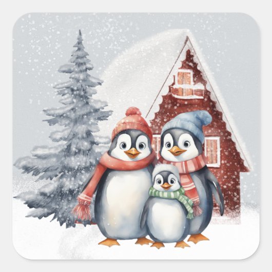 Schattige Kerst Pinguïns Familie Vakantie Vierkante Sticker (Voorkant)