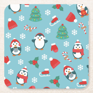 Schattige Kerst Pinguïns Patroon Kartonnen Onderzetters
