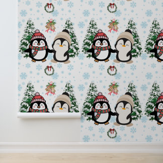 Schattige Kerst Pinguïns Winter Wonderland Behang