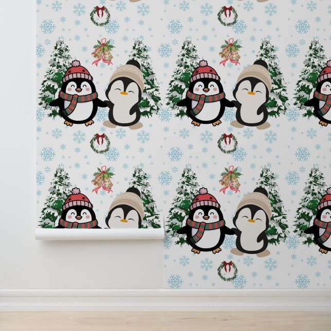 Schattige Kerst Pinguïns Winter Wonderland Behang (Applicatie)