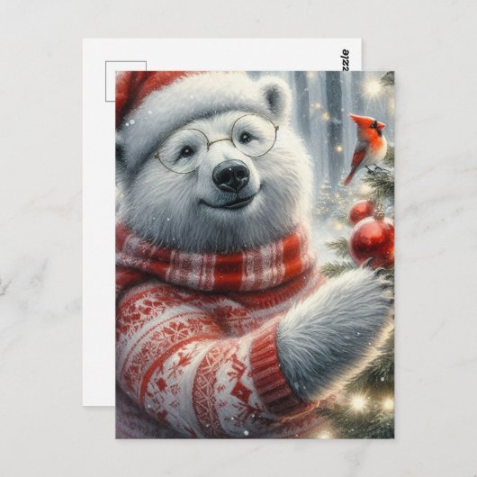 Schattige kerst Polar Beer en Kardinaal Bird Briefkaart (Voorkant / Achterkant)