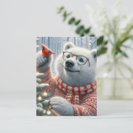 Schattige kerst Polar Beer en Kardinaal Tree Briefkaart (Staand voorkant)