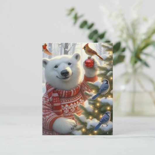 Schattige Kerst Polar Beer en Vogels Briefkaart (Staand voorkant)