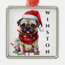 SCHATTIGE KERST PUG DOG MET LICHTEN METALEN ORNAMENT