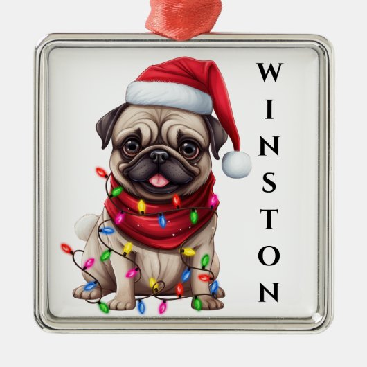 SCHATTIGE KERST PUG DOG MET LICHTEN METALEN ORNAMENT (Voorkant)