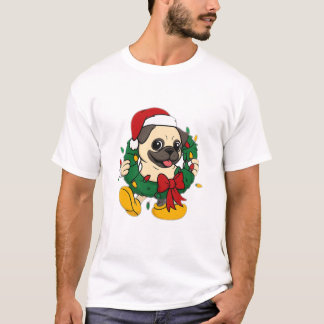 Schattige Kerst Pug met Festieve Krans T-shirt