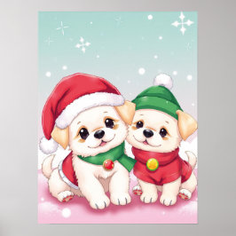 Schattige Kerst Puppies in Feestelijke Petten Kuns Poster