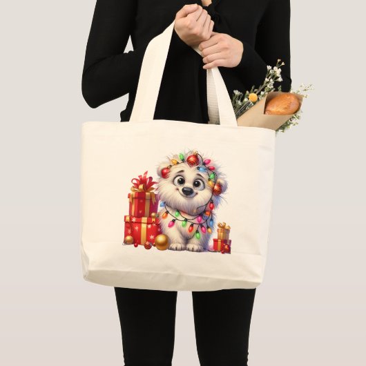 Schattige kerst puppy grote Canvas tas (Voorkant (product))