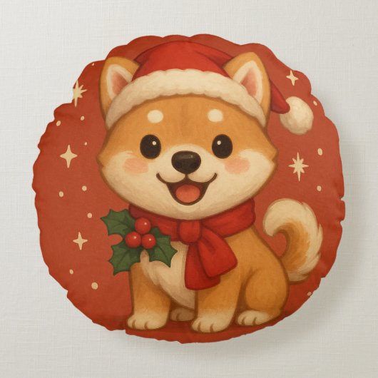 Schattige Kerst Puppy Rond Kussen (Voorkant)