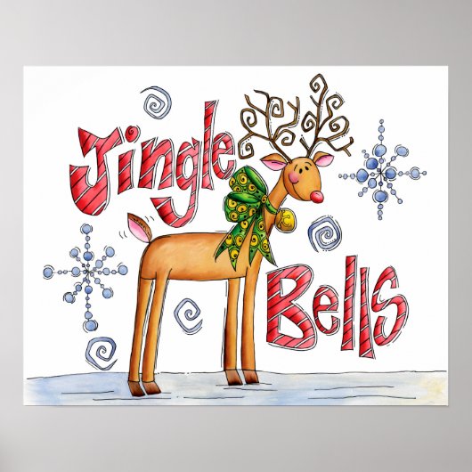 Schattige Kerst Reindeer, Jingle Bells Sneeuwvlokk Poster (Voorkant)