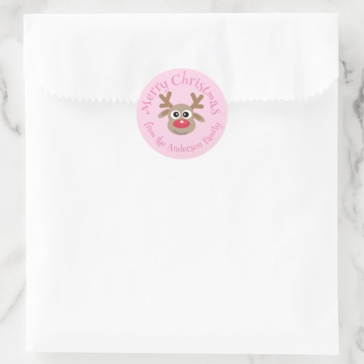 Schattige Kerst Rendier Cartoon Girly Pink Ronde Sticker (Tas)