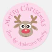 Schattige Kerst Rendier Cartoon Girly Pink Ronde Sticker (Voorkant)