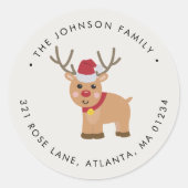 Schattige kerst rendier retour adres ronde sticker (Voorkant)