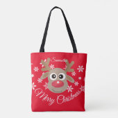 Schattige Kerst Rendier Rood Wit Script Sneeuwvlok Tote Bag (Achterkant)