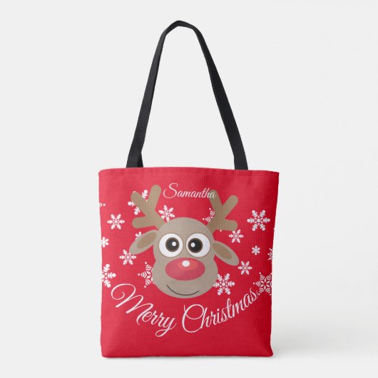 Schattige Kerst Rendier Rood Wit Script Sneeuwvlok Tote Bag (Achterkant)
