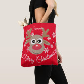 Schattige Kerst Rendier Rood Wit Script Sneeuwvlok Tote Bag (Dichtbij)