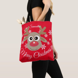 Schattige Kerst Rendier Rood Wit Script Sneeuwvlok Tote Bag