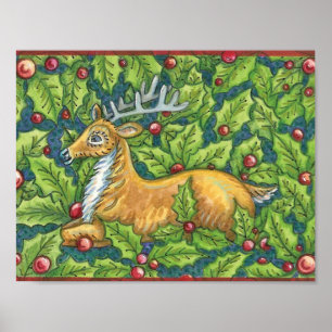 Schattige Kerst Rendieren in Bos met Hulst Poster