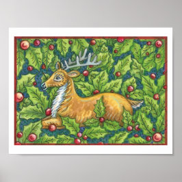 Schattige Kerst Rendieren in Bos met Hulst Poster