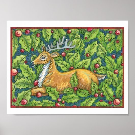 Schattige Kerst Rendieren in Bos met Hulst Poster (Voorkant)