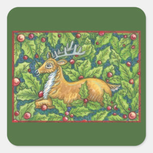 Schattige Kerst Rendieren in Bos met Hulst Vierkante Sticker