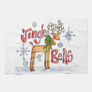 Schattige Kerst Rendieren, Jingle Bells Sneeuwvlok Theedoek