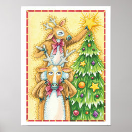 Schattige Kerst Rendieren Met Kerstboom Ster Poster