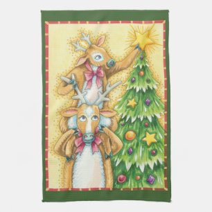Schattige Kerst Rendieren Met Kerstboom Ster Theedoek