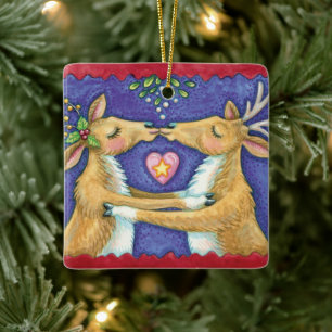 Schattige Kerst Rendieren, Romantische Kus met Mis Keramisch Ornament